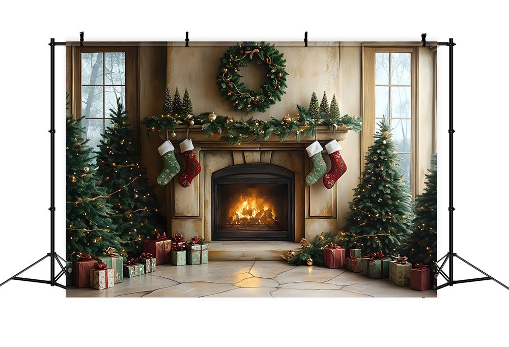 Christmas Tree Lights Fireplace Socks Backdrop UK RR8-94