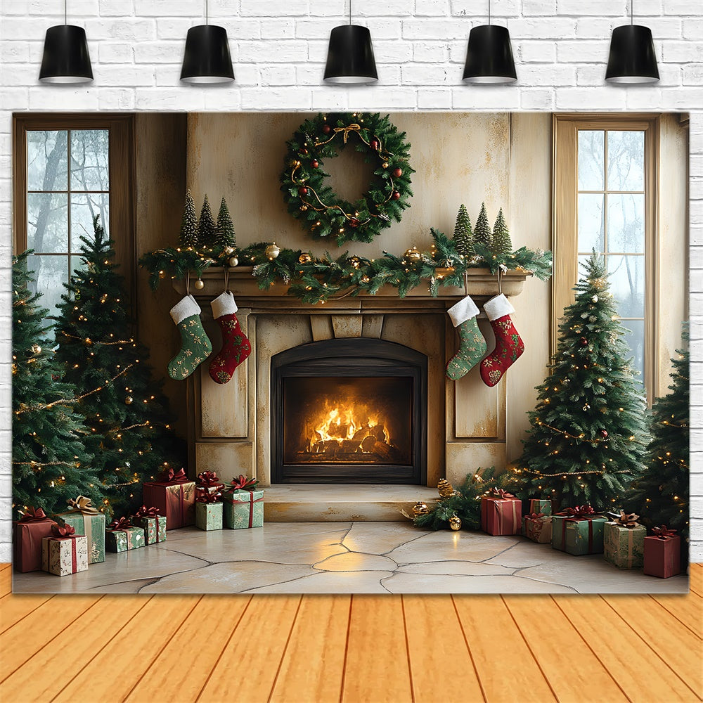 Christmas Tree Lights Fireplace Socks Backdrop UK RR8-94