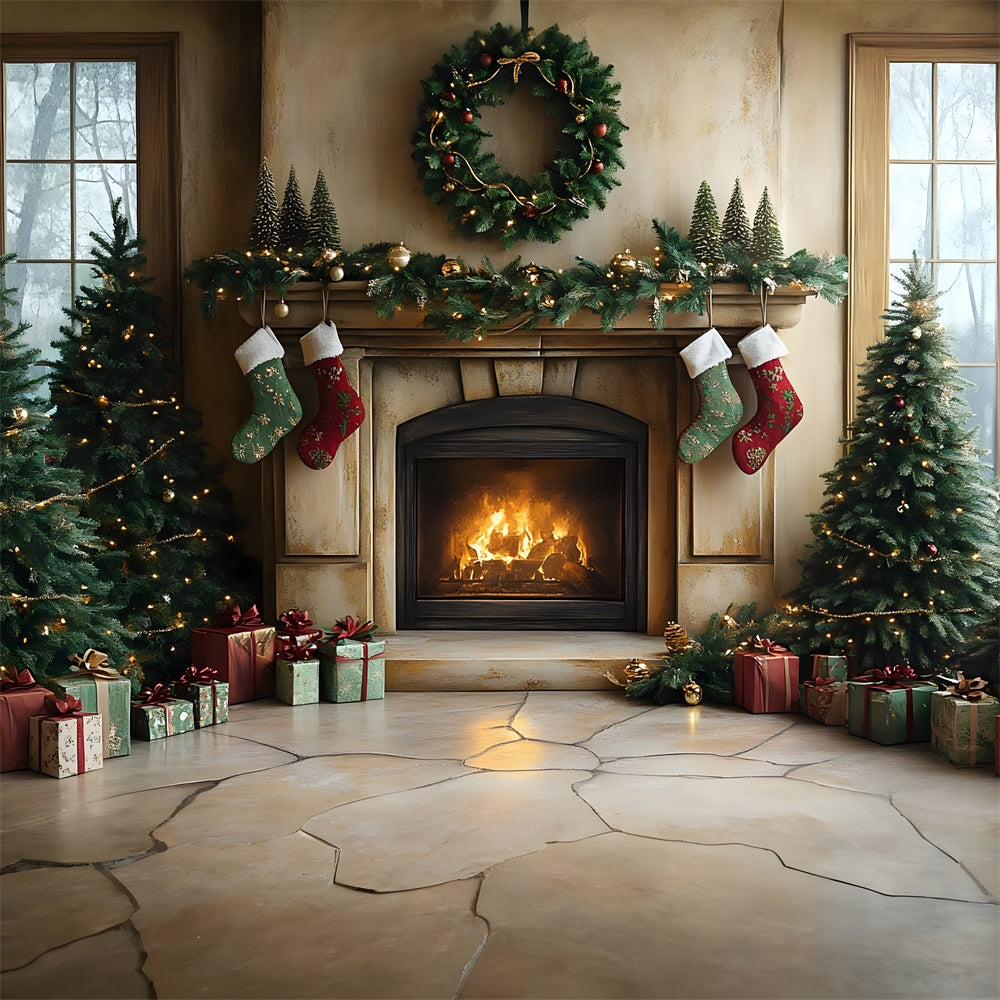 Christmas Tree Lights Fireplace Socks Backdrop UK RR8-94