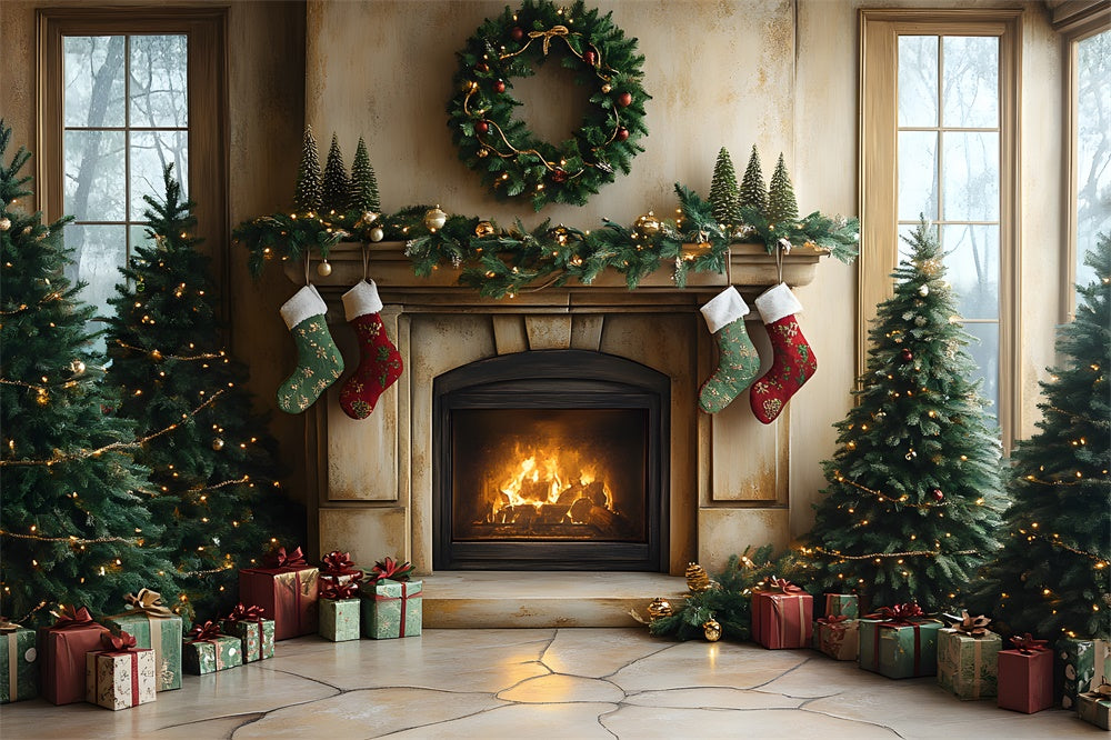 Christmas Tree Lights Fireplace Socks Backdrop UK RR8-94