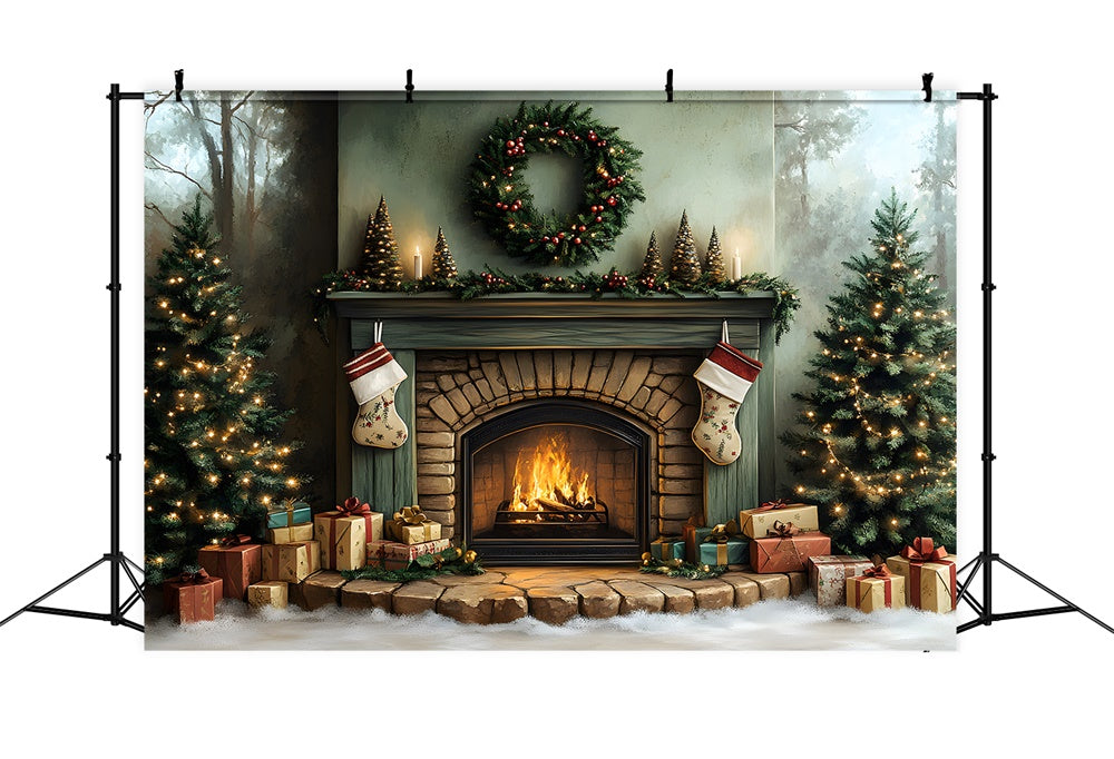 Christmas Fireplace Trees Wreath Backdrop UK RR8-96