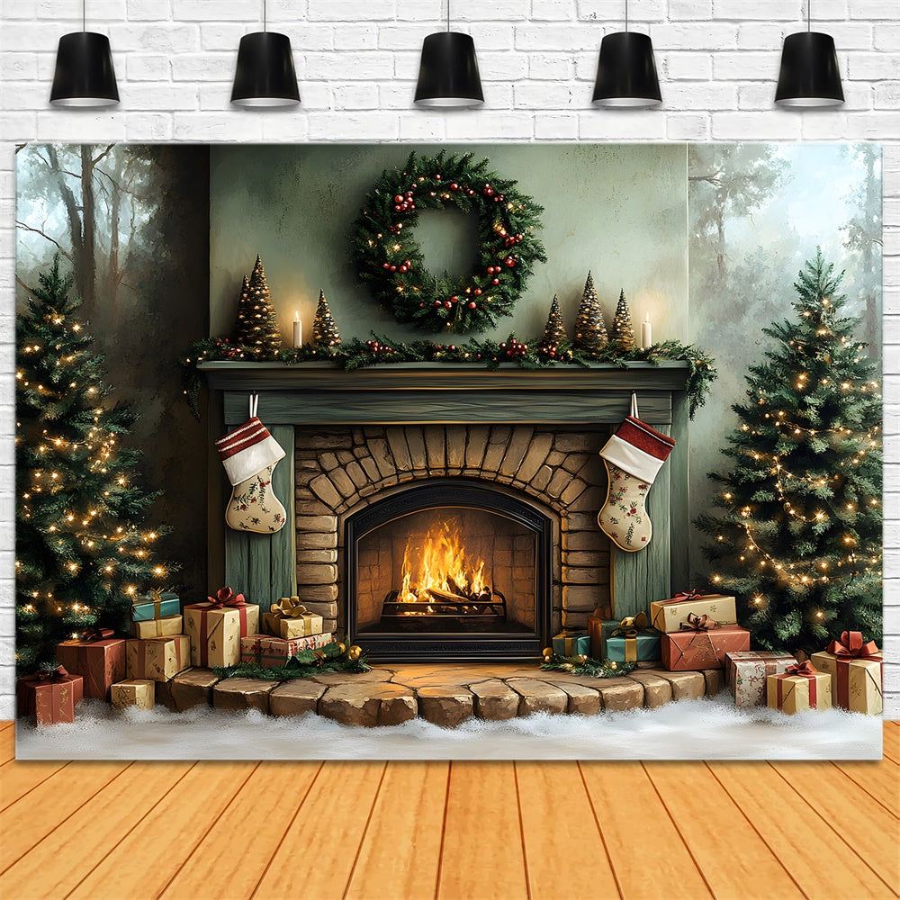 Christmas Fireplace Trees Wreath Backdrop UK RR8-96