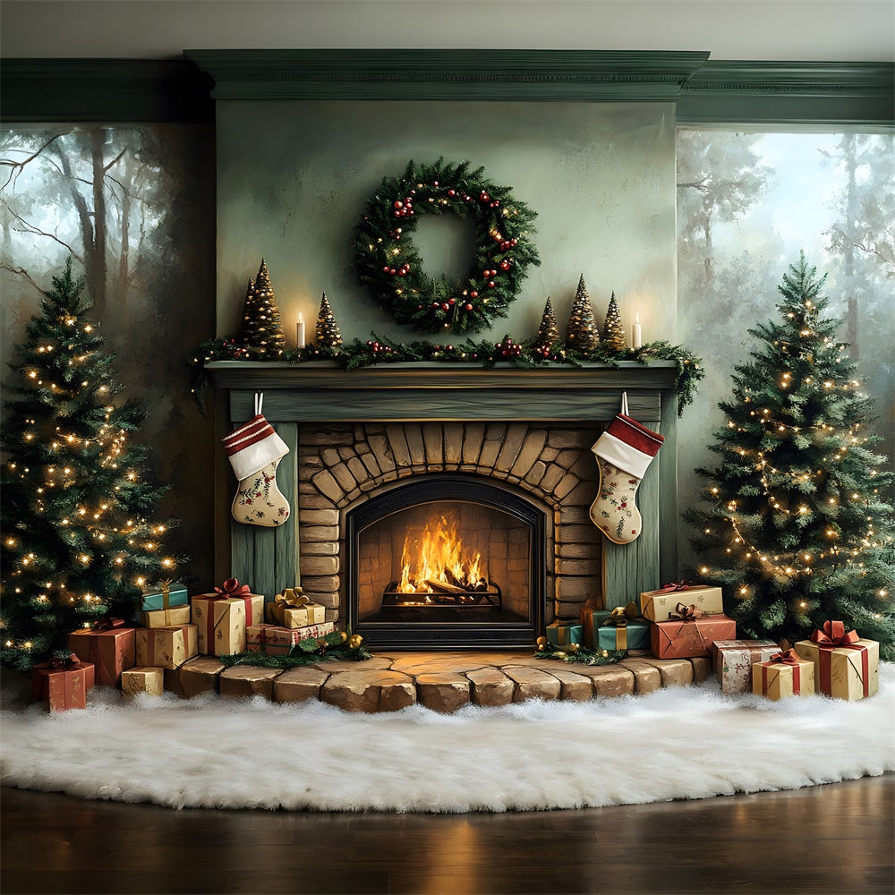 Christmas Fireplace Trees Wreath Backdrop UK RR8-96