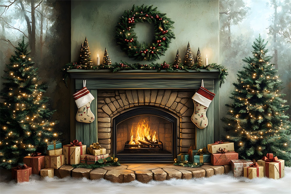 Christmas Fireplace Trees Wreath Backdrop UK RR8-96