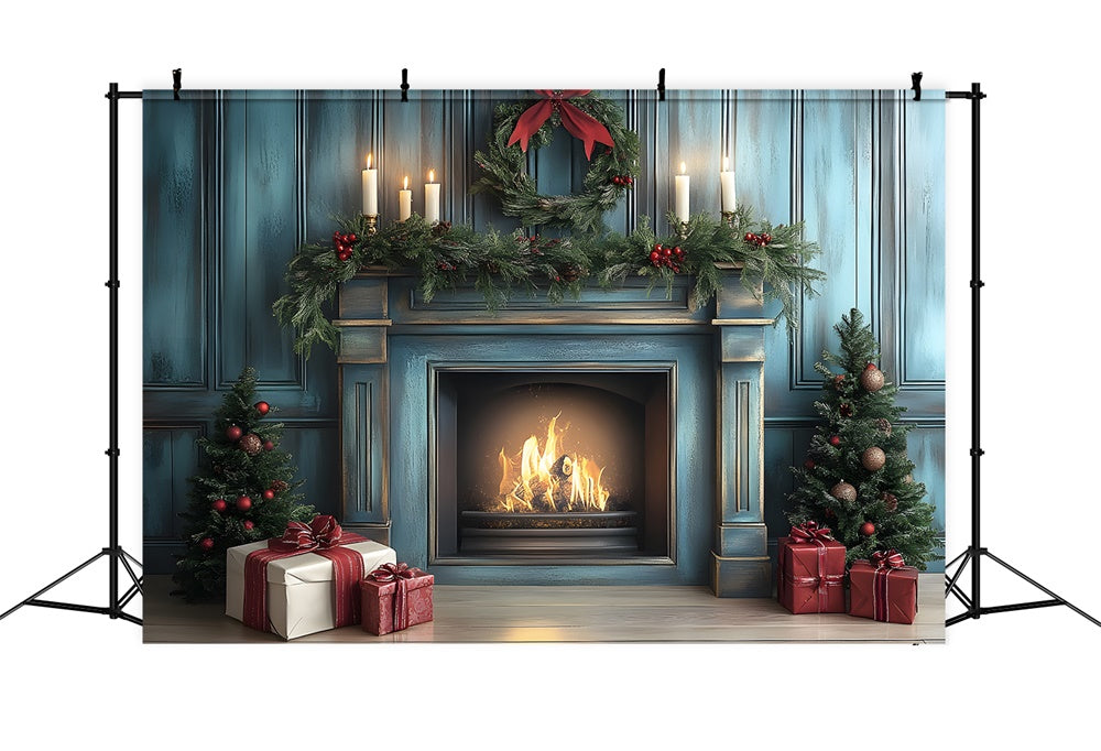 Christmas Blue Retro Wall Fireplace Backdrop UK RR8-97