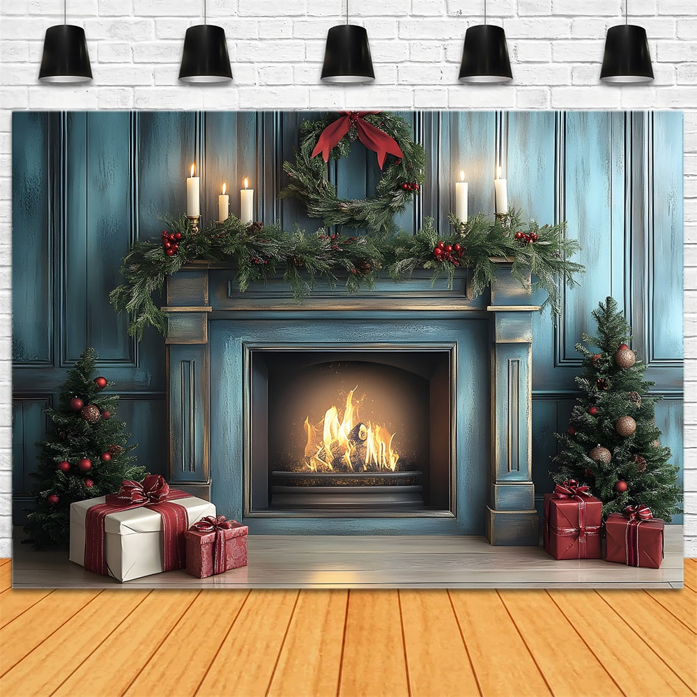 Christmas Blue Retro Wall Fireplace Backdrop UK RR8-97