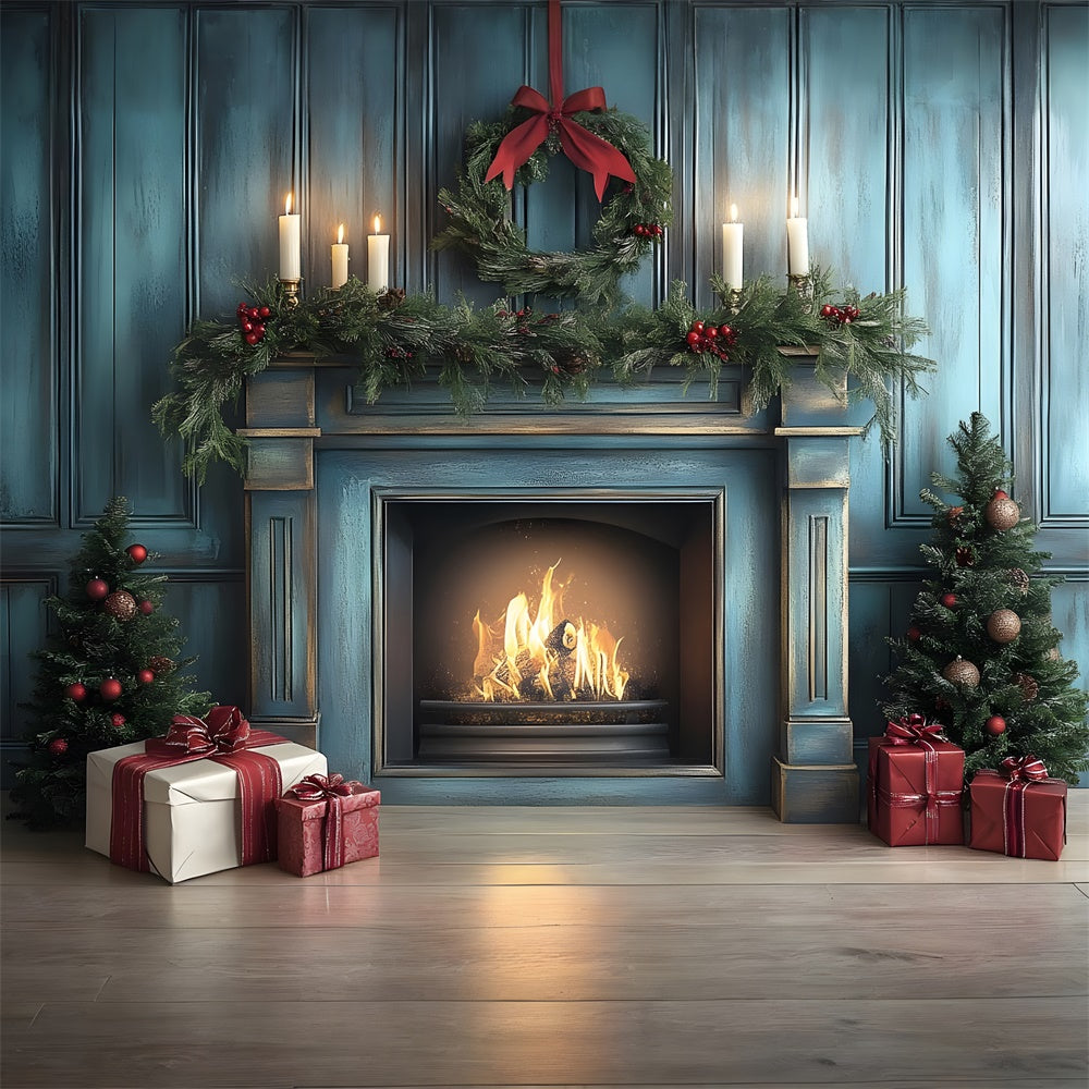 Christmas Blue Retro Wall Fireplace Backdrop UK RR8-97