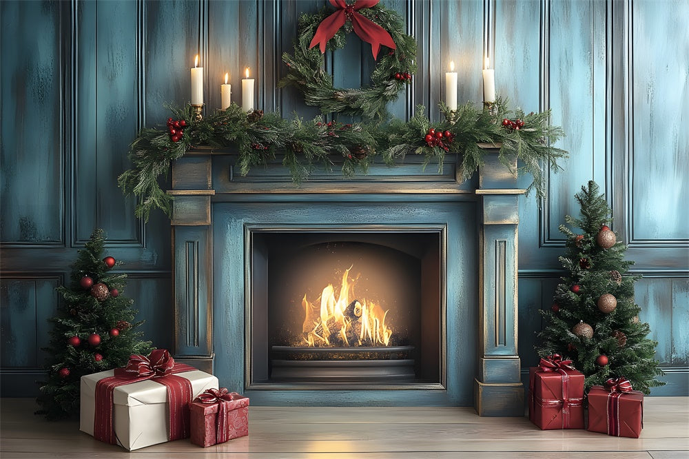 Christmas Blue Retro Wall Fireplace Backdrop UK RR8-97