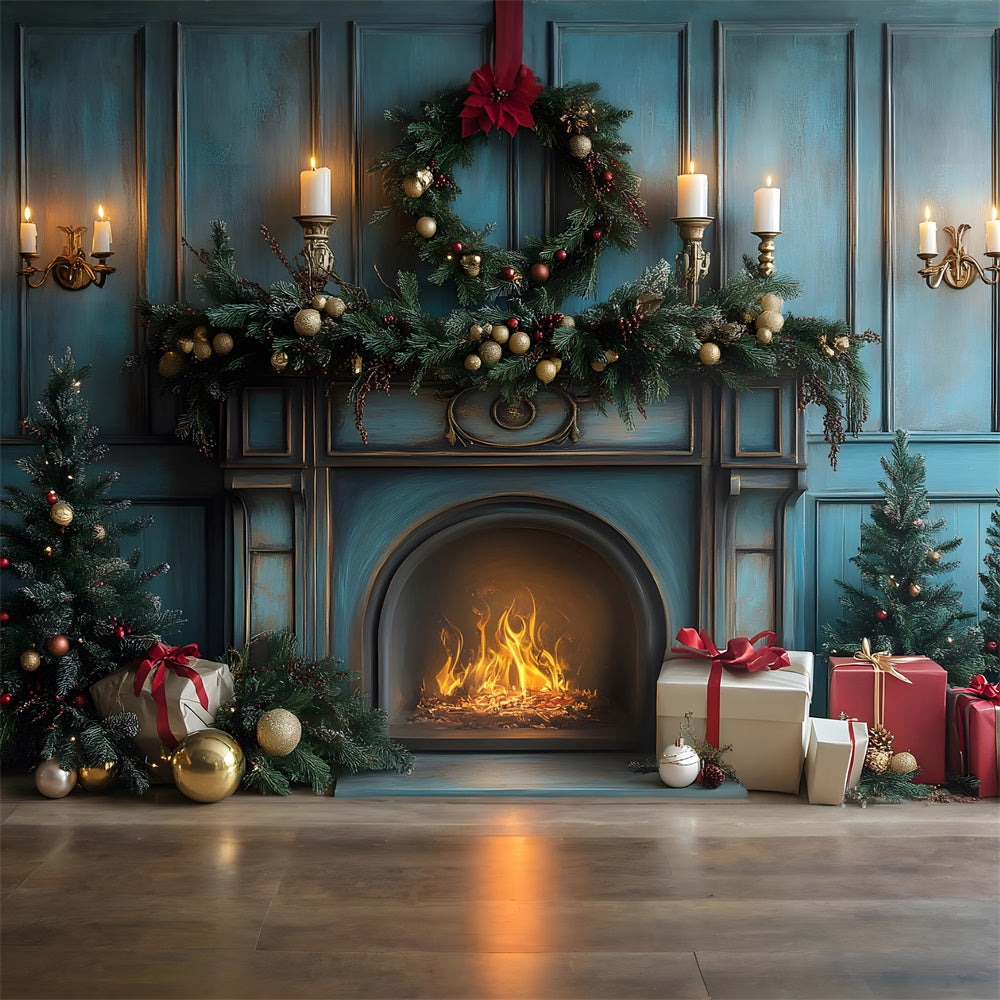 Christmas Fireplace Candles Gift Boxes Backdrop UK RR8-98