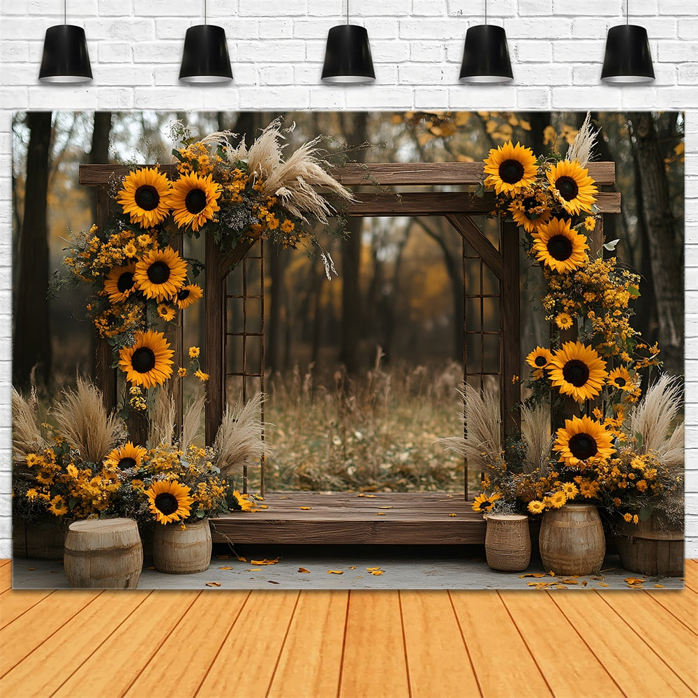 Autumn Wood Arch Door Sunflowers Backdrop UK RR9-11