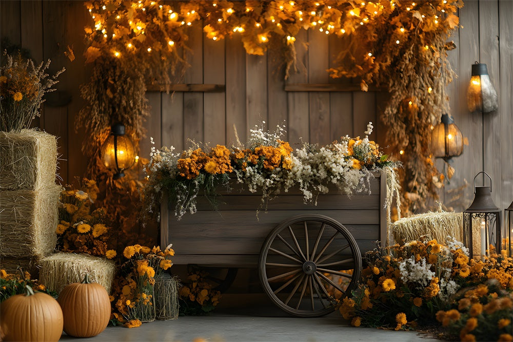 Autumn Harvest Barn Wood Cart Backdrop UK RR9-17