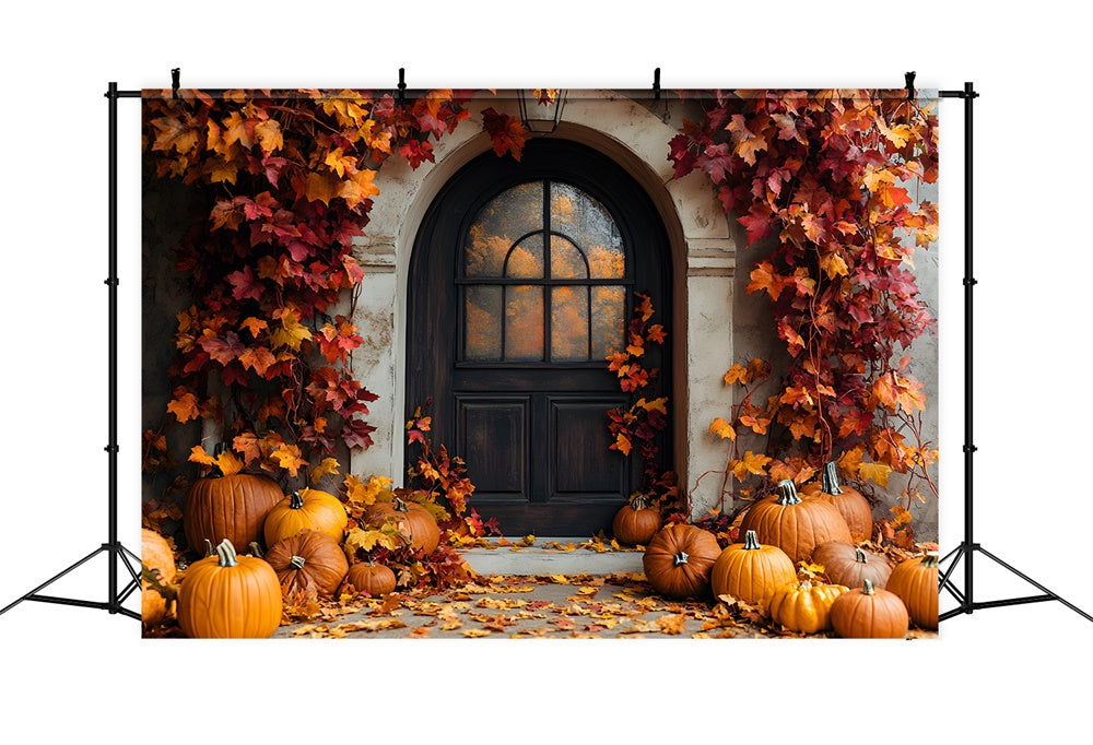 Autumn Rustic Door Maple Leaves Pumpkin Backdrop UK RR9-2