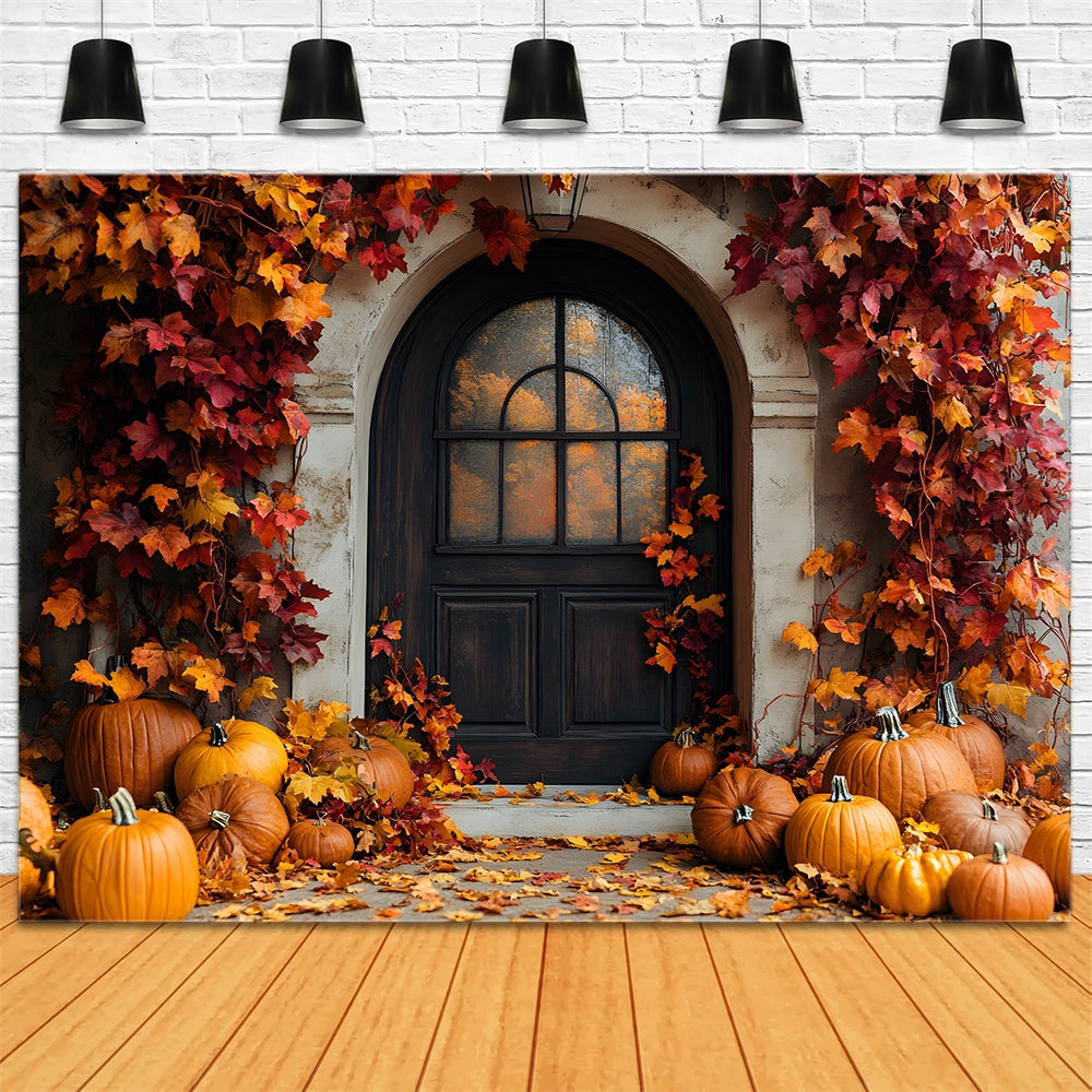 Autumn Rustic Door Maple Leaves Pumpkin Backdrop UK RR9-2