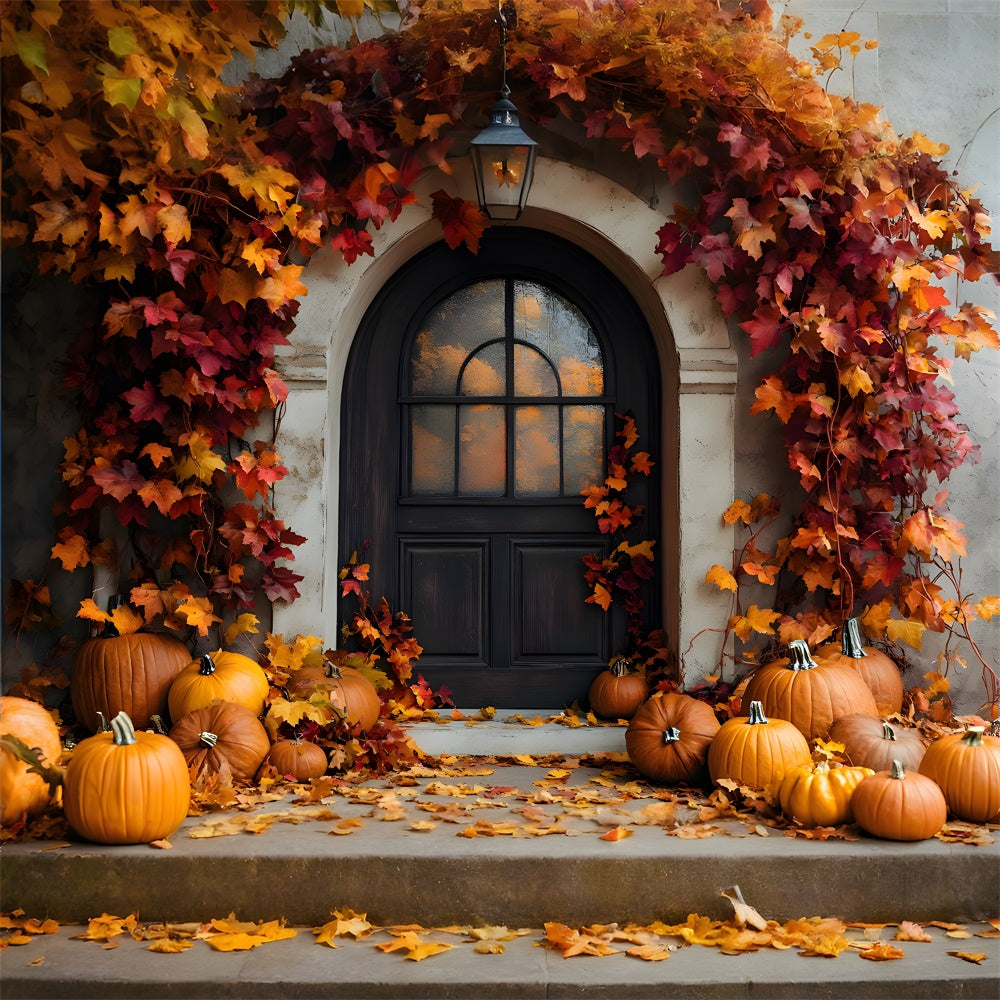 Autumn Rustic Door Maple Leaves Pumpkin Backdrop UK RR9-2