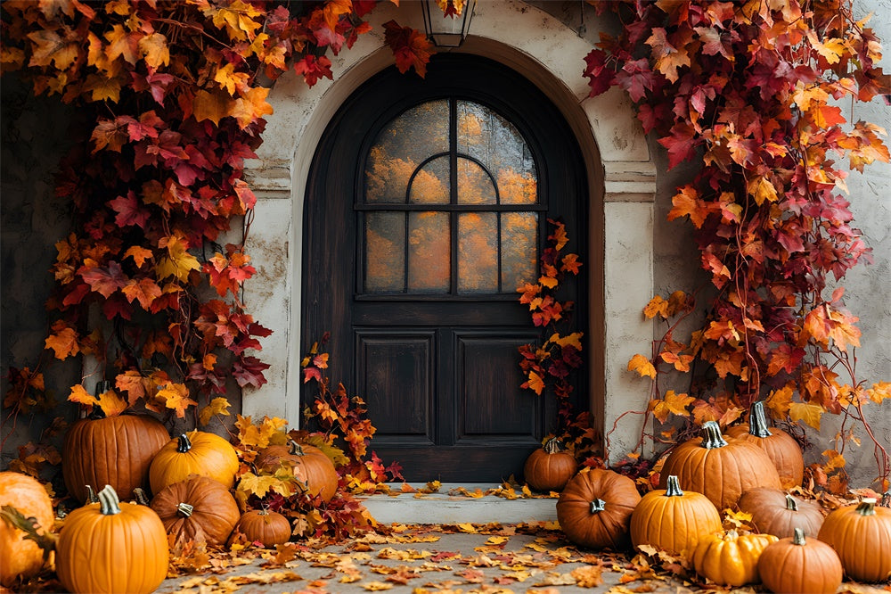 Autumn Rustic Door Maple Leaves Pumpkin Backdrop UK RR9-2