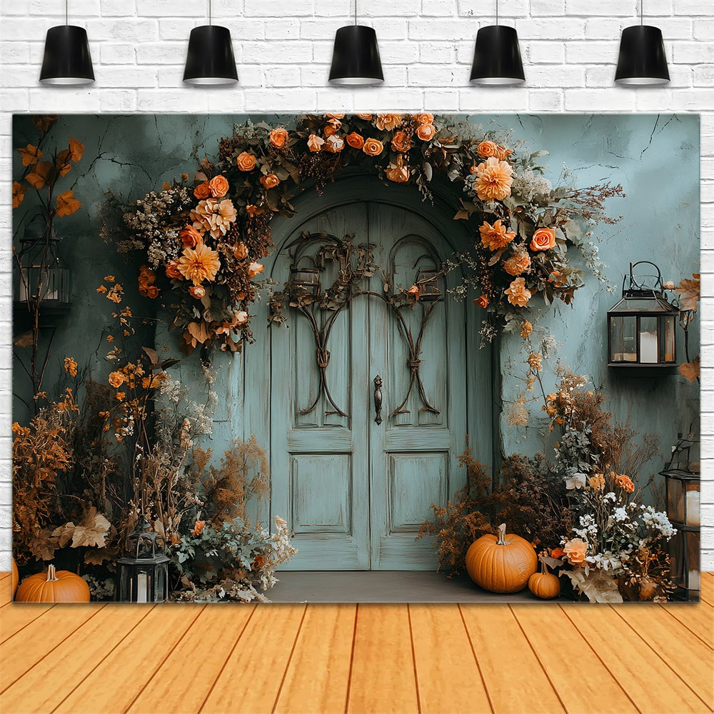 Vintage Green Wall Door Autumn Flowers Backdrop UK RR9-23