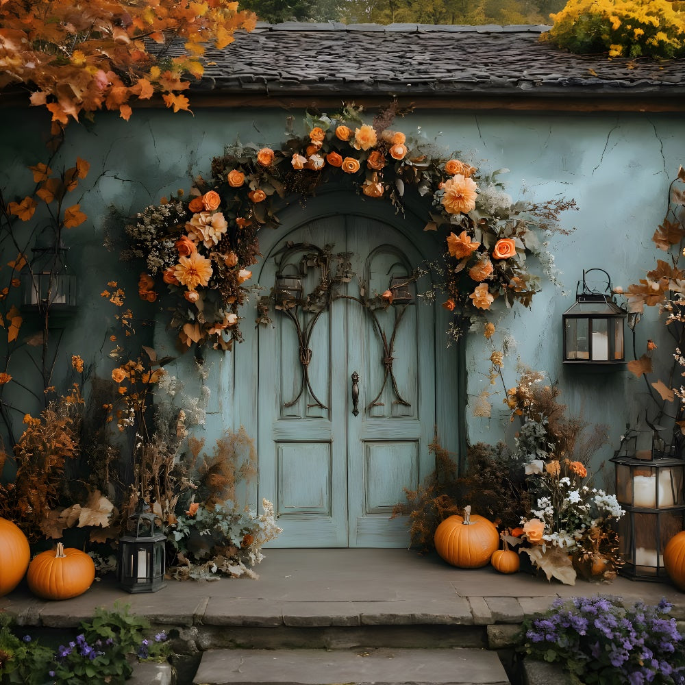 Vintage Green Wall Door Autumn Flowers Backdrop UK RR9-23