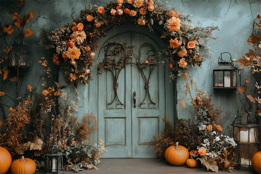 Vintage Green Wall Door Autumn Flowers Backdrop UK RR9-23