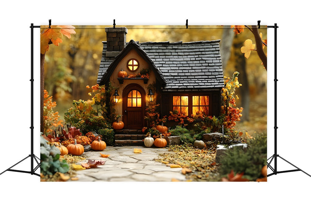 Autumn Wood Cabin Pumpkins Fallen Leaves Backdrop UK RR9-24