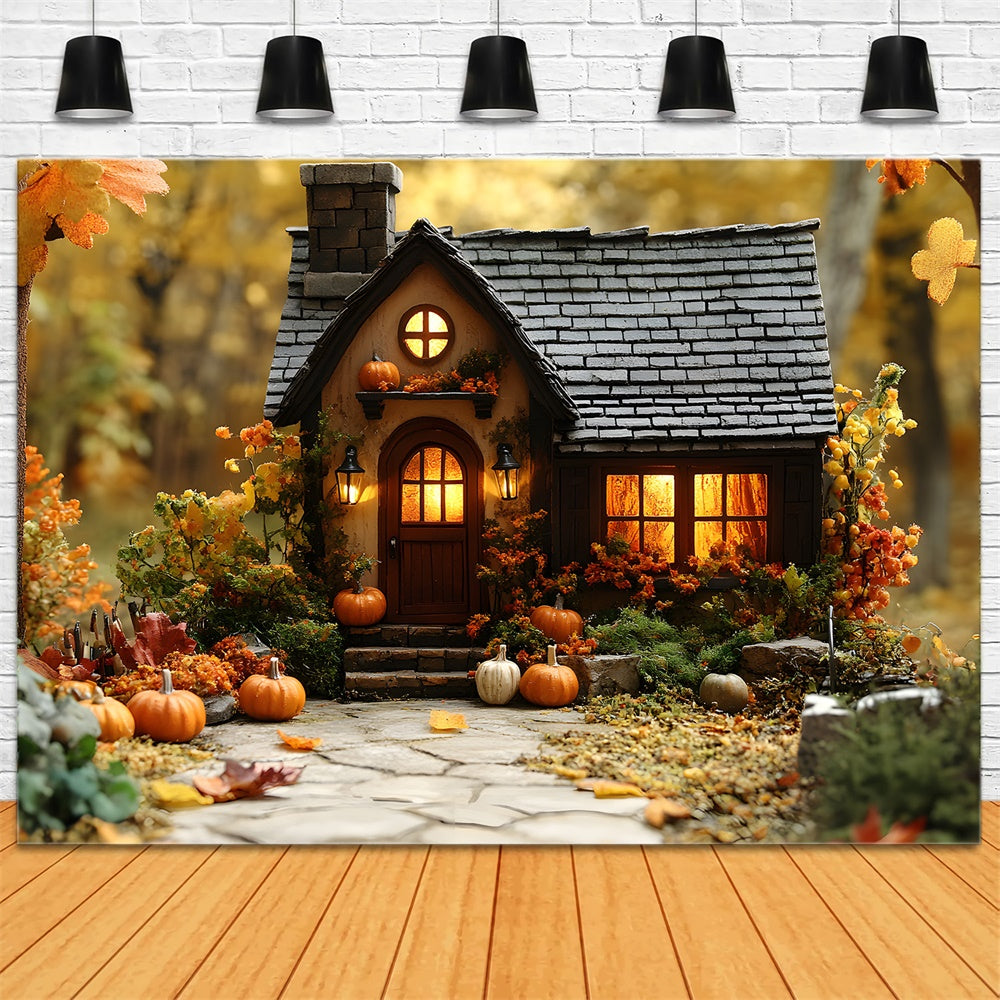 Autumn Wood Cabin Pumpkins Fallen Leaves Backdrop UK RR9-24