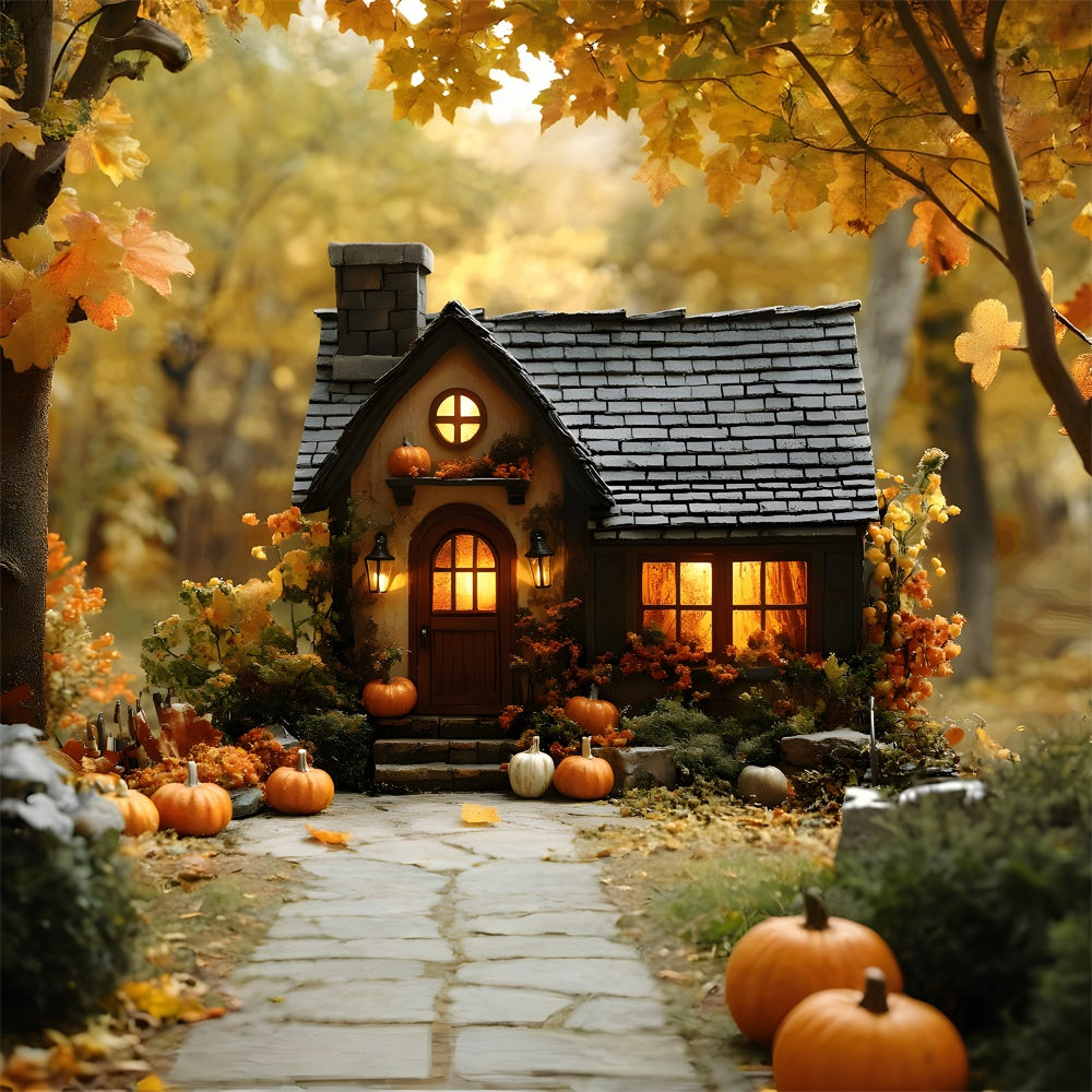 Autumn Wood Cabin Pumpkins Fallen Leaves Backdrop UK RR9-24