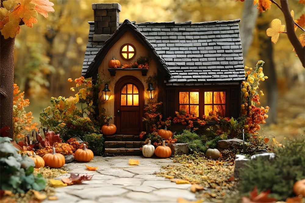 Autumn Wood Cabin Pumpkins Fallen Leaves Backdrop UK RR9-24