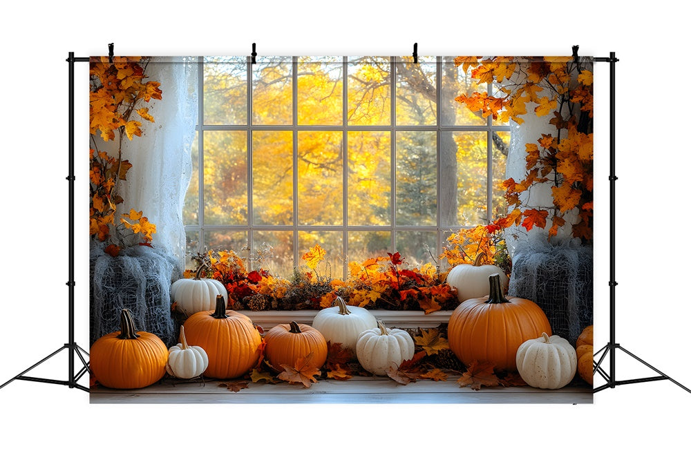 Autumn Maple Trees Window View Pumpkin Backdrop UK RR9-27