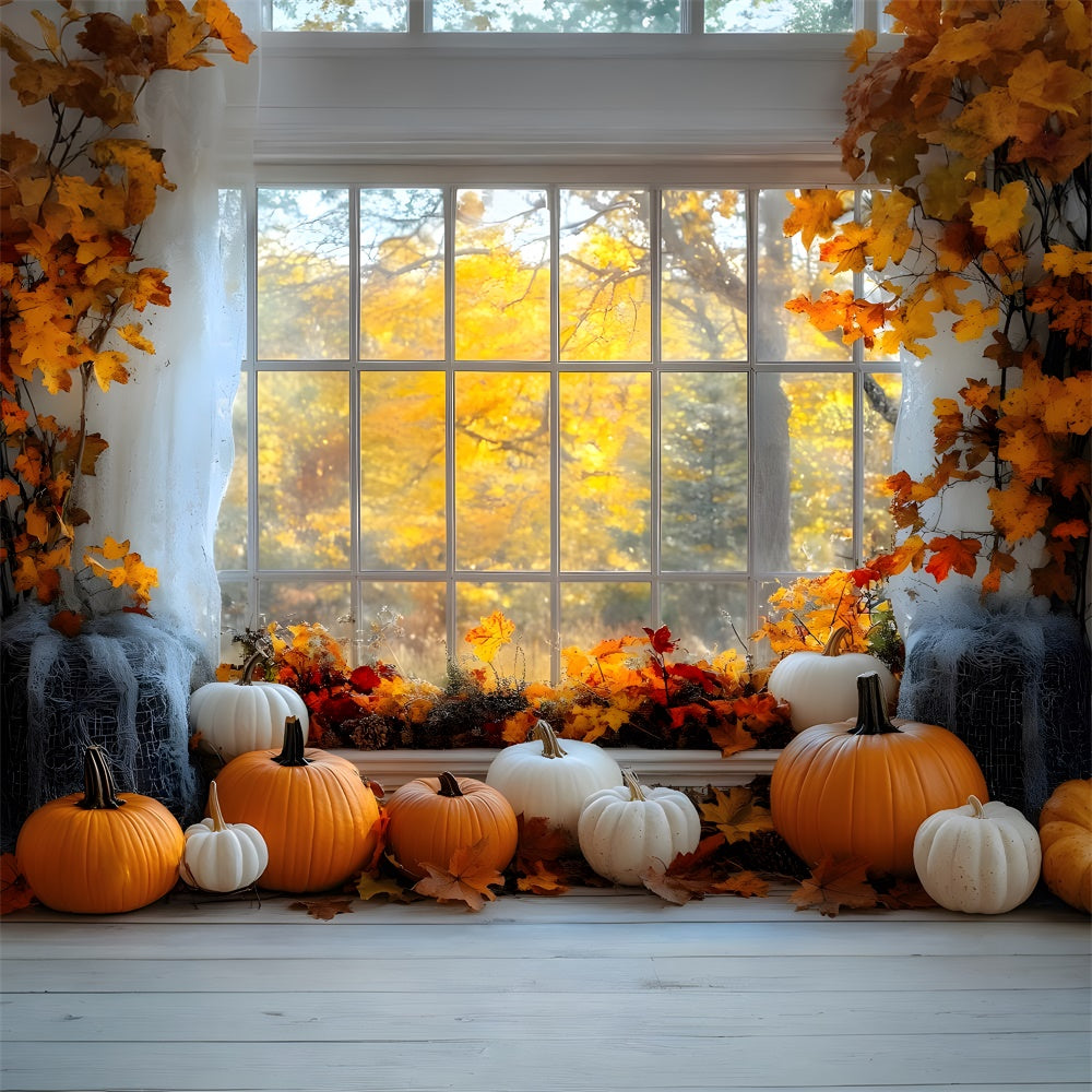 Autumn Maple Trees Window View Pumpkin Backdrop UK RR9-27