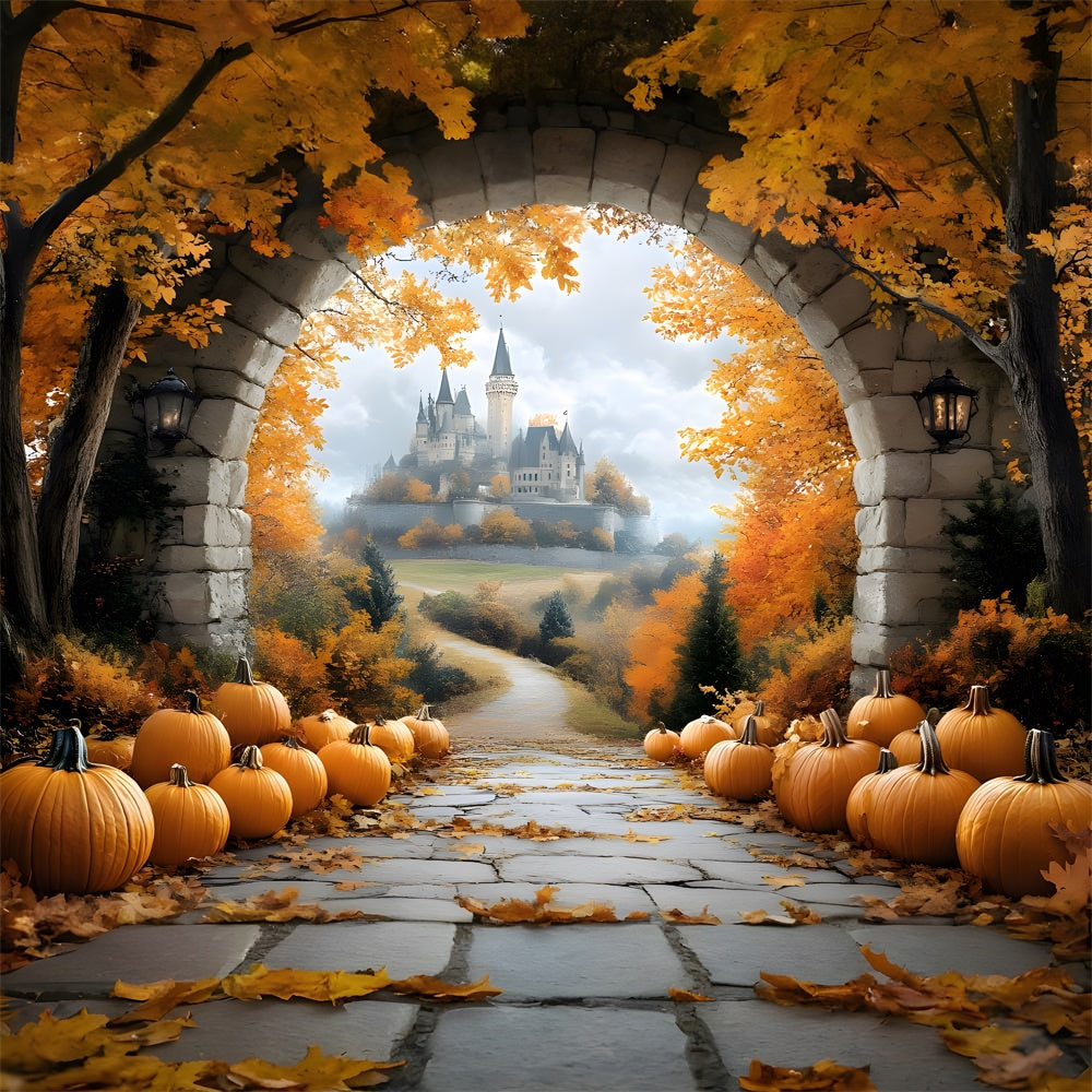 Autumn Leaves Stone Arch Door Castle Backdrop UK RR9-31