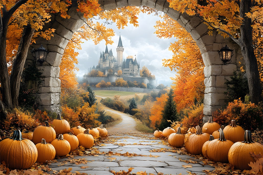 Autumn Leaves Stone Arch Door Castle Backdrop UK RR9-31