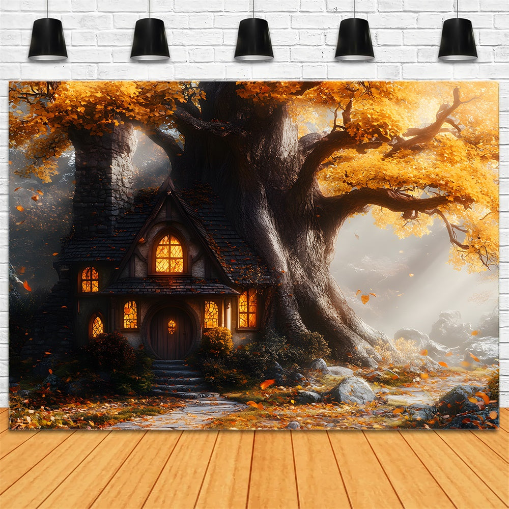 Autumn Maple Tree House Stone Trail Backdrop UK RR9-32