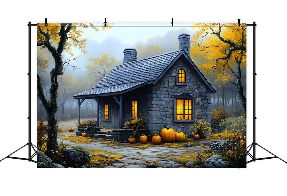 Autumn Misty Forest Stone House Backdrop UK RR9-33