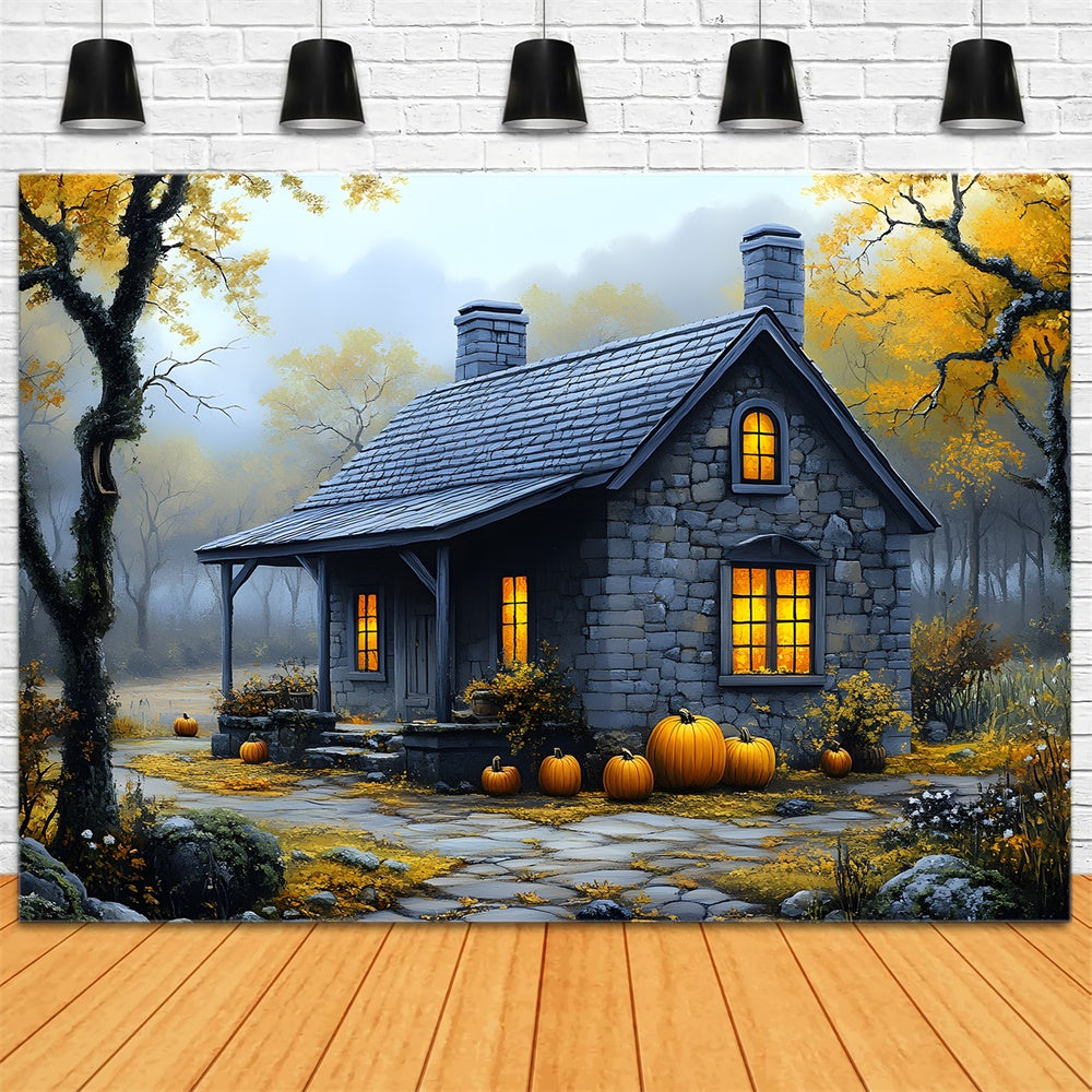 Autumn Misty Forest Stone House Backdrop UK RR9-33