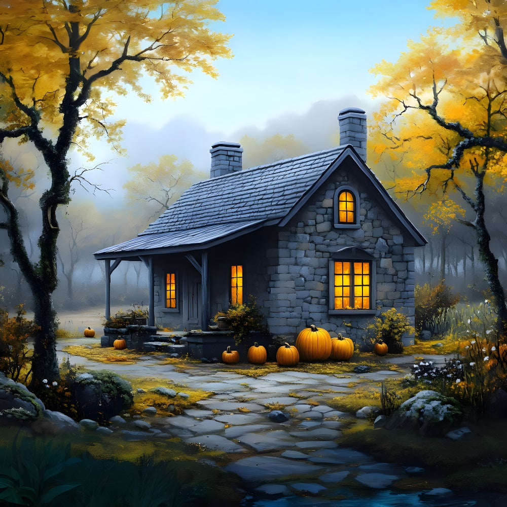 Autumn Misty Forest Stone House Backdrop UK RR9-33