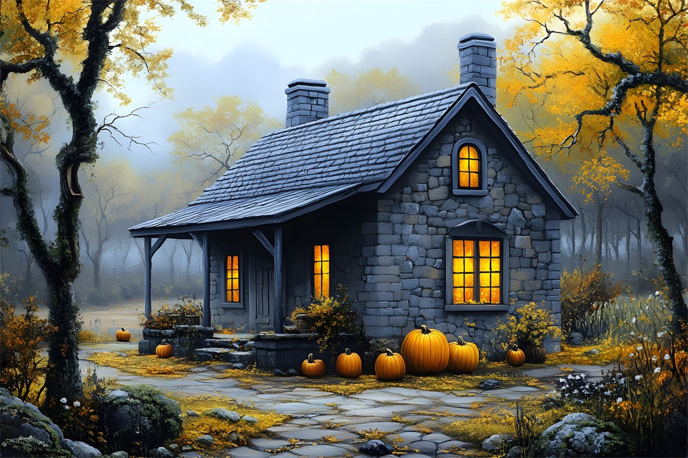 Autumn Misty Forest Stone House Backdrop UK RR9-33