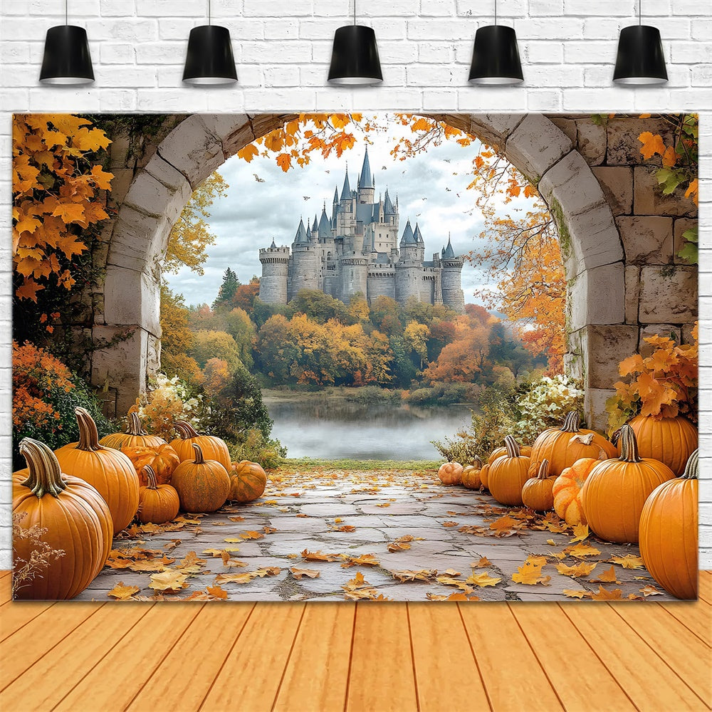 Autumn Pumpkin Trail Stone Arch Door View Backdrop UK RR9-35