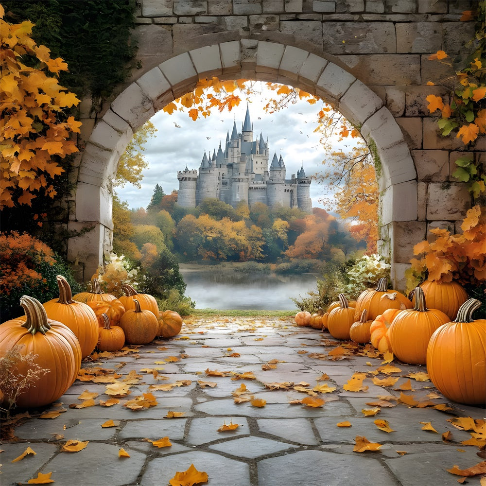 Autumn Pumpkin Trail Stone Arch Door View Backdrop UK RR9-35