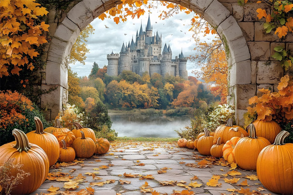 Autumn Pumpkin Trail Stone Arch Door View Backdrop UK RR9-35