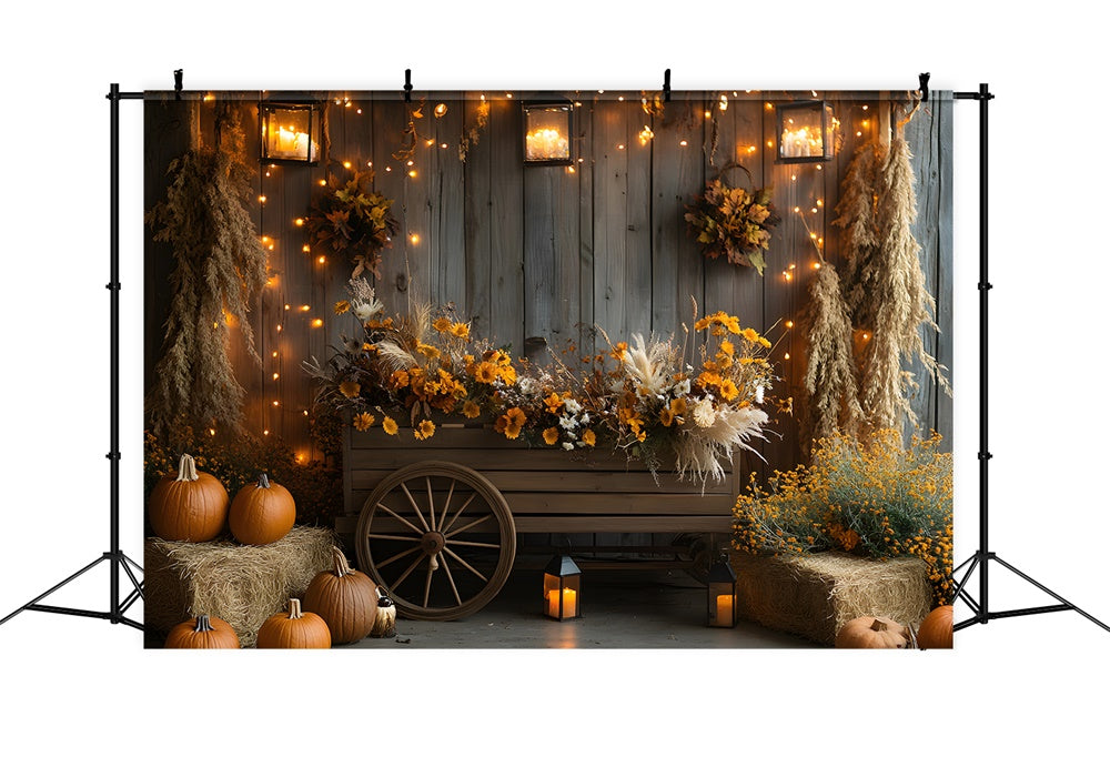 Autumn Harvest Barn Flowers Wood Cart Backdrop UK RR9-36