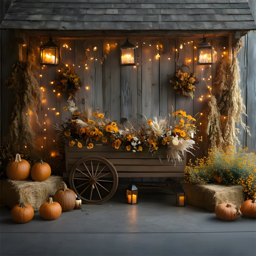 Autumn Harvest Barn Flowers Wood Cart Backdrop UK RR9-36