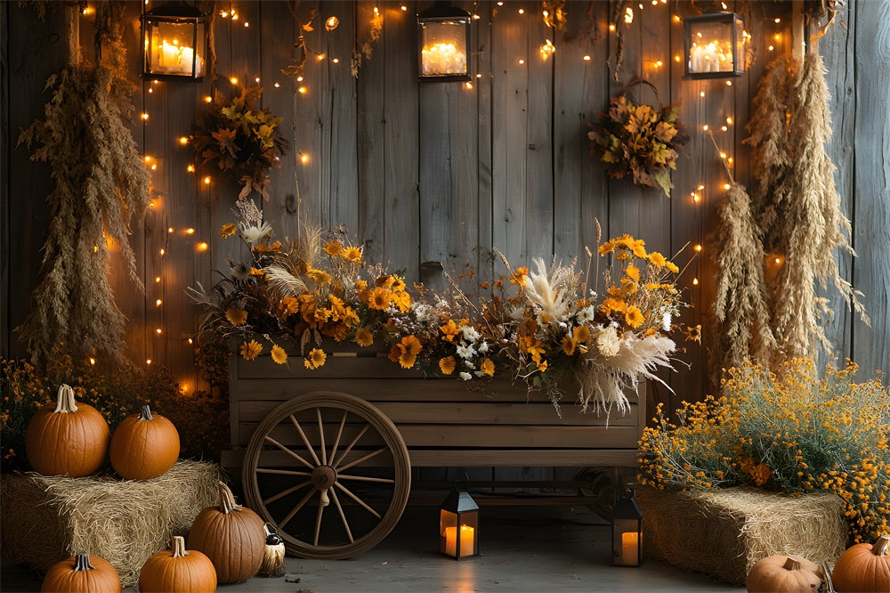 Autumn Harvest Barn Flowers Wood Cart Backdrop UK RR9-36