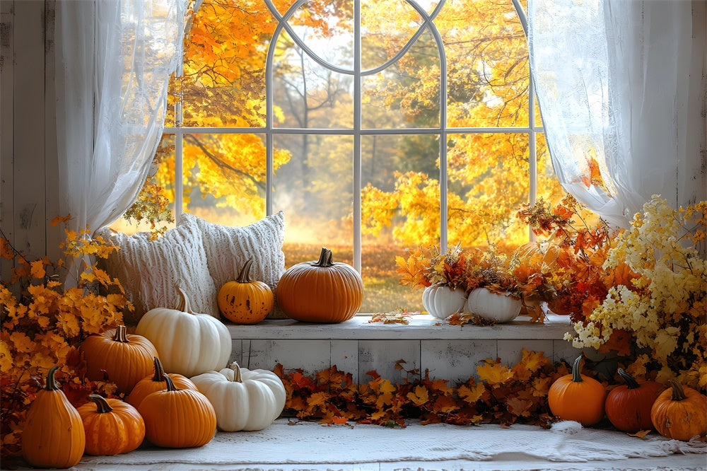 Autumn Pumpkins Window Maple Trees View Backdrop UK RR9-4