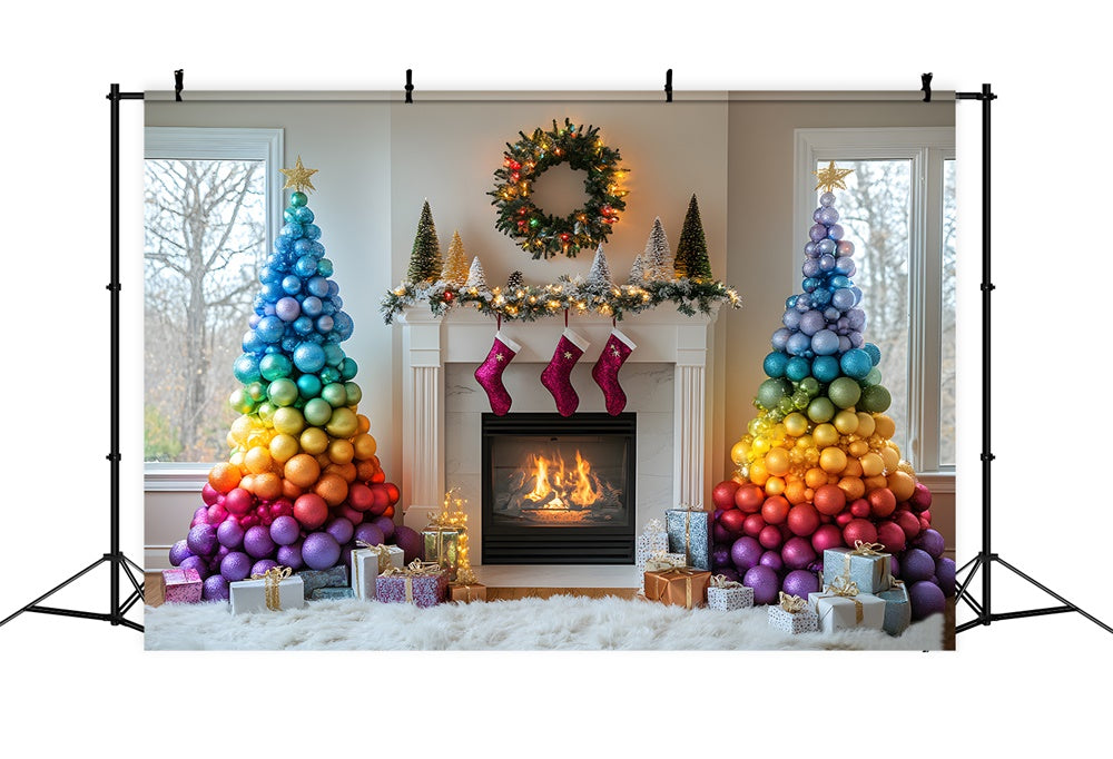 Christmas Colorful Balls Tree Fireplace Backdrop UK RR9-41