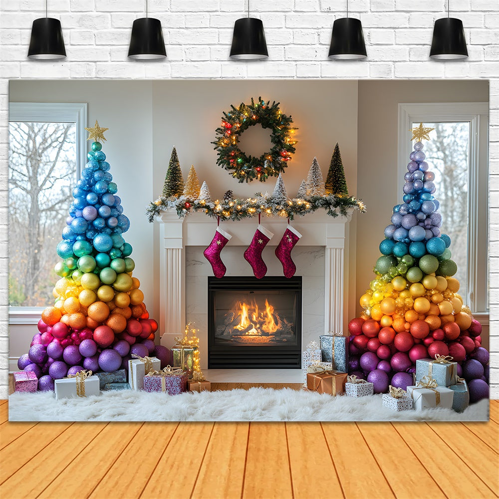 Christmas Colorful Balls Tree Fireplace Backdrop UK RR9-41