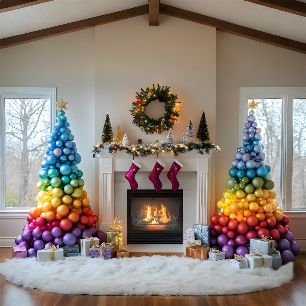 Christmas Colorful Balls Tree Fireplace Backdrop UK RR9-41