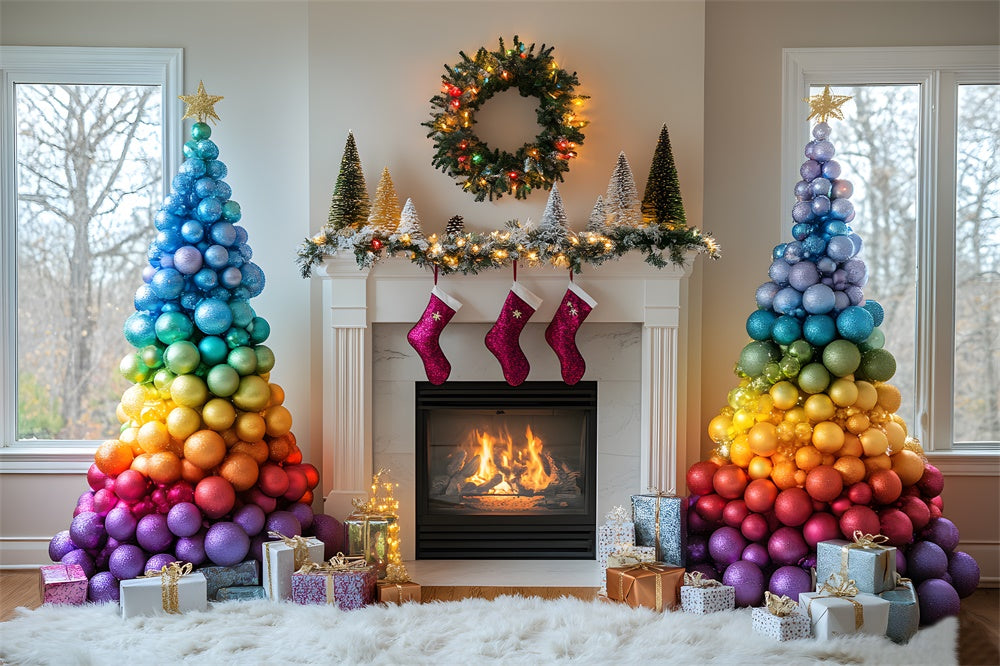 Christmas Colorful Balls Tree Fireplace Backdrop UK RR9-41