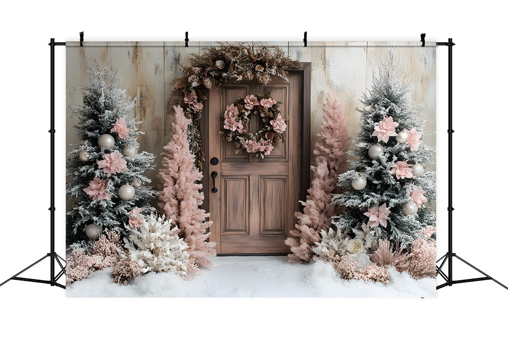 Pink Christmas Tree Wreath Door Snow Backdrop UK RR9-45