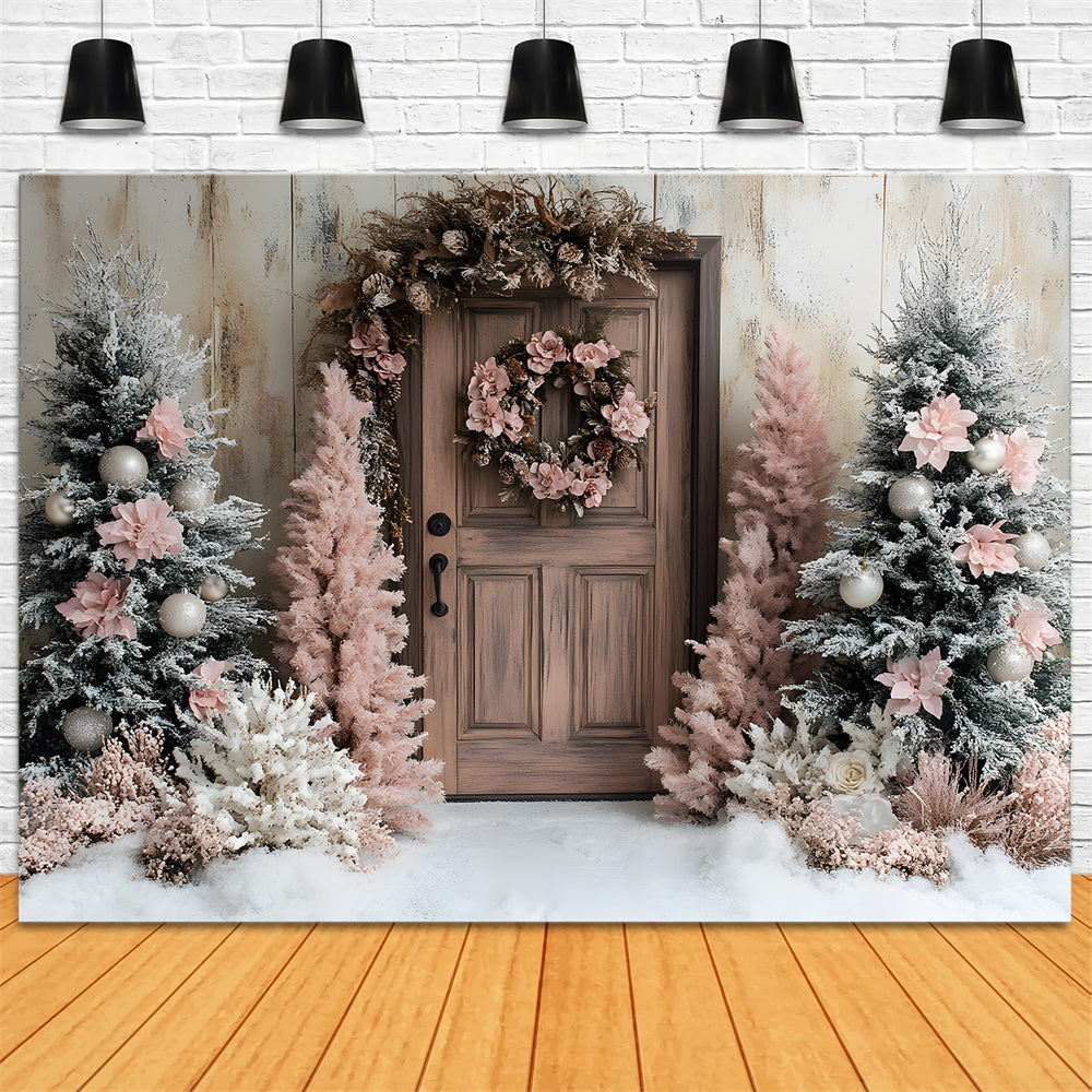 Pink Christmas Tree Wreath Door Snow Backdrop UK RR9-45