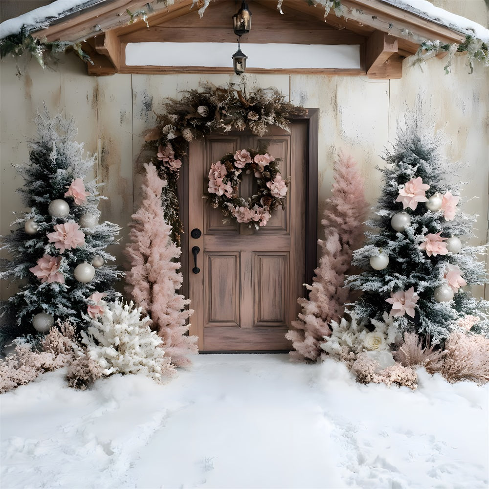 Pink Christmas Tree Wreath Door Snow Backdrop UK RR9-45