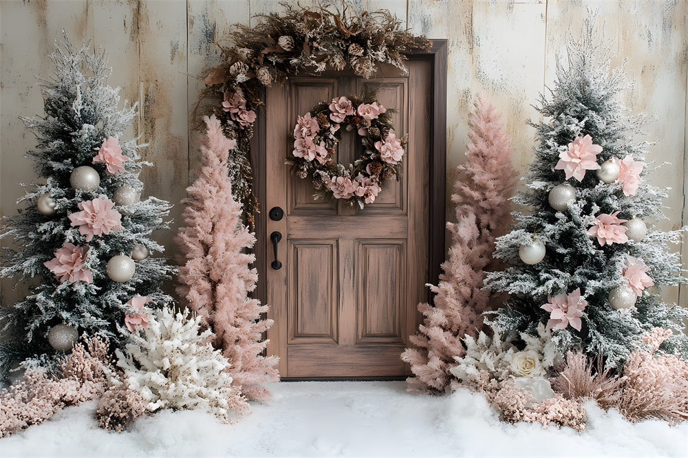 Pink Christmas Tree Wreath Door Snow Backdrop UK RR9-45